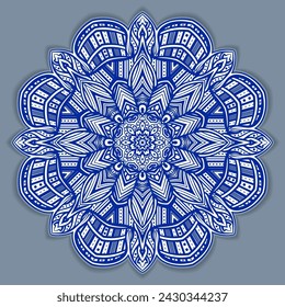 Vector abstract circular mandala design decorative element ethnic style. Blue line and white area for coloring. Shadow around of mandala. Arab, Islam, Indian, Chinese. Yoga illustration.