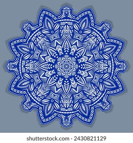 Vector abstract circular mandala design decorative element ethnic style. Blue line and white area for coloring. Shadow around of mandala. Arab, Islam, Indian, Chinese. Yoga illustration.