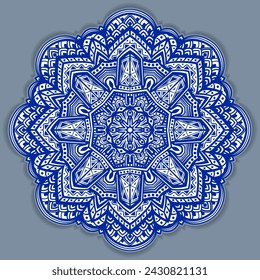 Vector abstract circular mandala design decorative element ethnic style. Blue line and white area for coloring. Shadow around of mandala. Arab, Islam, Indian, Chinese. Yoga illustration.
