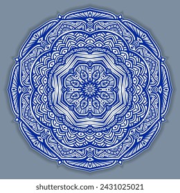 Vector abstract circular mandala design decorative element ethnic style. Blue line and white area for coloring. Shadow around of mandala. Arab, Islam, Indian, Chinese. Yoga illustration.