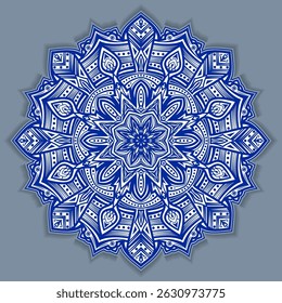 Vector abstract circular mandala design decorative element ethnic style. Blue line and white area for coloring. Shadow around of mandala. Arab, Islam, Indian, Chinese. Yoga illustration.