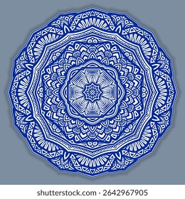 Vector abstract circular mandala design decorative element ethnic style. Blue line and white area for coloring. Shadow around of mandala. Arab, Islam, Indian, Chinese. Yoga illustration.