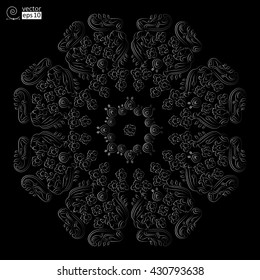 vector abstract circular pattern with vegetative elements on a black background. Art Nouveau style