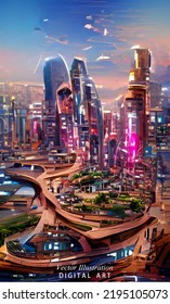 Vector Abstract City.  Bright city with houses, buildings, freeways. Digital illustration. 