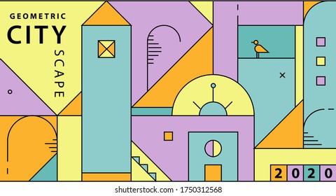 Vector abstract city illustration, minimal geometric flat style, buildings, stairs composition. Background for header images for websites, banners, covers