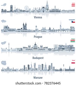 Vektorgrafik abstrakter Stadskylines von Wien, Prag, Budapest und Warschau in hellaarbiger Farbpalette. Flaggen und Karten von Österreich, der Tschechischen Republik, Ungarn und Polen