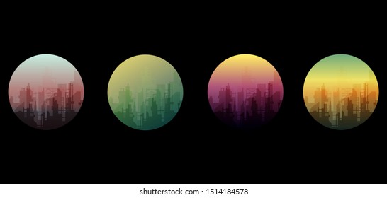 vector abstract cityscape illustration at different day time, circle frame
