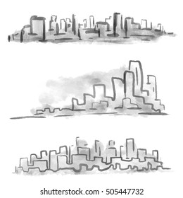 Vector abstract cityscape in painting hand drawn style. Horizontal panorama big cities with modern skyscrapers and buildings.