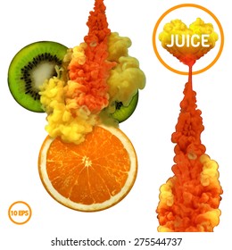 Vector abstract cloud of juice. Ink swirling in water. Fresh fruit juice. Orange and kiwi. Natural taste.Stylish poster design.Isolated on white background.Colorful ink in water. 