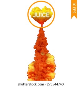 Vector abstract cloud of juice. Ink swirling in water. Fresh fruit juice. Orange and kiwi. Natural taste.Stylish poster design.Isolated on white background.Colorful ink in water. 