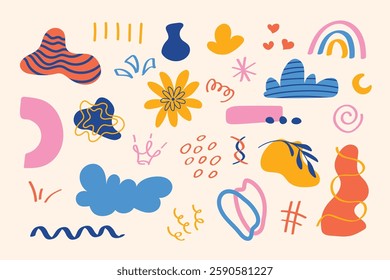 Vector abstract collection of colorful funny hand drawn doodles, cute vector illustrations. doodles, lines. Set of abstract colorful retro clockwork figures in cartoon style 90s 00s