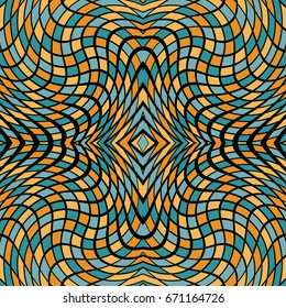 Vector abstract color grid seamless pattern. Checkered background with distortion effect. Optical illusion. 