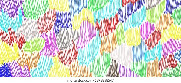 Vector abstract colored doodles, lines on a white background. Pencil or pen hand drawn childrens scribbles. Wide banner.