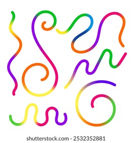 Conjunto de formas de gradiente colorido abstratas do vetor. Elementos de design apertados. Gráfico com linhas onduladas em cores de arco-íris. Padrão De Onda Fluida Colorida.
