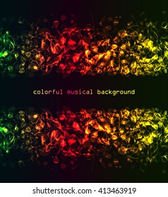 Vector abstract colored notes on a dark background, colorful musical background