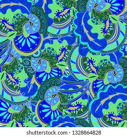 Vector abstract colored pattern with floral ornament in cool colors.