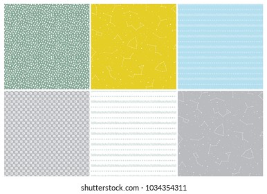 Vector abstract colored seamless patterns set. Part of collection of illustrations for kids nursery. Can be used for fabric, children fashion and bedding, wallpaper, stationery or scrapbooking.