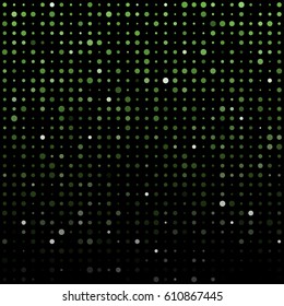 Vector abstract colorful background, disco style. Green, grey and white lights on black. Multiple luminous circles arranged in lines. Party banner pattern graphic design. Dots pattern halftones vector