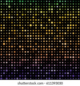 Vector abstract colorful background in disco style with yellow and blue lights on black. Multiple luminous circles arranged in lines. Party, festival banner pattern graphic design. Halftone vectors.