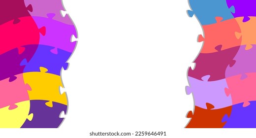 Vector Abstract colorful background, frame of multi-colored non-standard puzzle pieces. Rectangular horizontal banner template for education and presentation with space for content and puzzle elements
