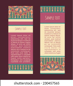Vector abstract colorful background. Set of ornamental banners with traditional orient mandala. Cards with aztec sun symbol