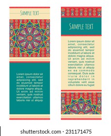 Vector abstract colorful background. Set of ornamental banners with traditional orient mandala. Cards template with aztec sun symbol.
