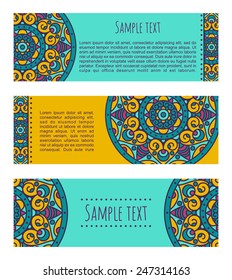 Vector abstract colorful background. Set of ornamental banners with traditional orient mandala. Cards with Aztec sun symbol