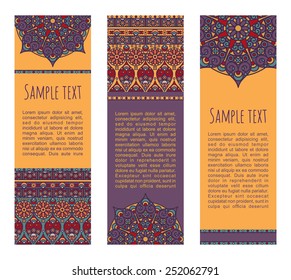 Vector abstract colorful background. Set of ornamental banners with traditional orient mandala.Headers with aztec sun symbol
