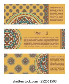 Vector abstract colorful background. Set of ornamental banners with traditional orient mandala.Headers with aztec sun symbol
