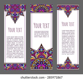Vector abstract colorful background. Set of ornamental banners with traditional orient mandala. Cards with aztec sun symbol
