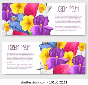 Vector abstract colorful banner or invitation cards or voucher with spring flowers,horizontal advertising business banner layout template for website design. Floral banners isolated on background.