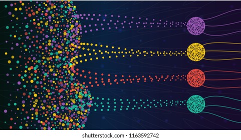 Vector abstract colorful big data information sorting visualization. Social network, financial analysis of complex databases. Visual information complexity clarification. Intricate data graphic. 