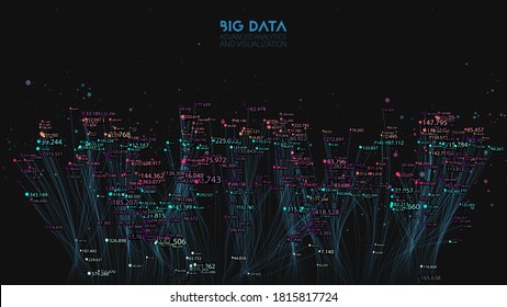 Vector abstract colorful big data cloud. Information visualization. Social network, financial analysis of complex databases. Visual information complexity clarification. Strange intricate data cloud