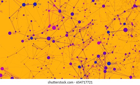 Vector abstract colorful  big data point plot visualization. Futuristic infographics design. Visual information complexity. Intricate data threads graphic. Social network, financial analytics.