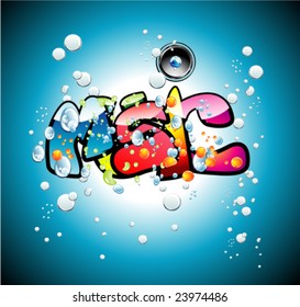 VECTOR Abstract Colorful bubbles and music text background