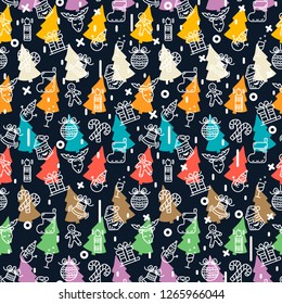 Vector abstract colorful Christmas and Happy New Year seamless pattern with Santa Claus,snowman,Christmas tree,sleigh,candy,gift,candle,deer