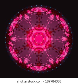 Vector abstract colorful circle background mandala pattern, pink and shiny, on dark background 