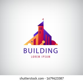 Vector abstract colorful city, building composition sign, icon, logo isolated. Cityscape, real estate, old town with tower sign, construction
