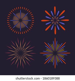 Abstrakte, bunte Vektorgrafik-Feuerwerke auf dunklem Hintergrund. Feuerwerksshow für das neue Jahr, Weihnachten, Geburtstag, Karneval und Feiertag.