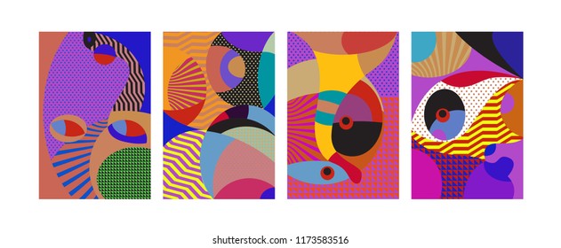 Vector Abstract Colorful Geometric and Curvy pattern background illustration. Set of Abstract Tribal Ethnic background for Cover, Poster, and print in Eps 10.