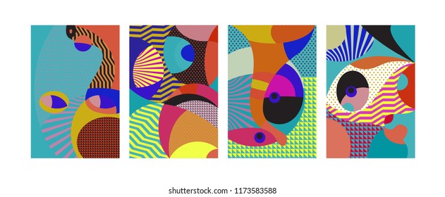 Vector Abstract Colorful Geometric and Curvy pattern background illustration. Set of Abstract Tribal Ethnic background for Cover, Poster, and print in Eps 10.