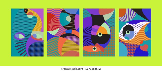 Vector Abstract Colorful Geometric and Curvy pattern background illustration. Set of Abstract Tribal Ethnic background for Cover, Poster, and print in Eps 10.