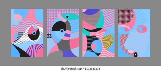 Vector Abstract Colorful Geometric and Curvy pattern background illustration. Set of Abstract Tribal Ethnic background for Cover, Poster, and print in Eps 10.