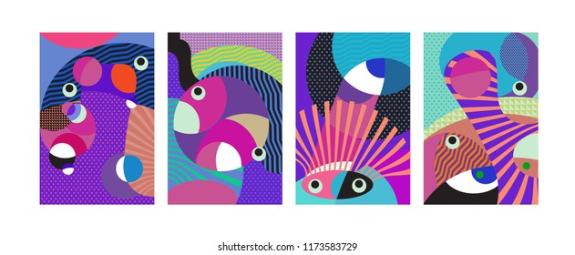 Vector Abstract Colorful Geometric and Curvy pattern background illustration. Set of Abstract Tribal Ethnic background for Cover, Poster, and print in Eps 10.