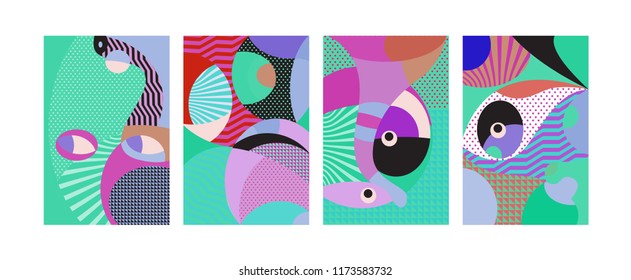 Vector Abstract Colorful Geometric and Curvy pattern background illustration. Set of Abstract Tribal Ethnic background for Cover, Poster, and print in Eps 10.