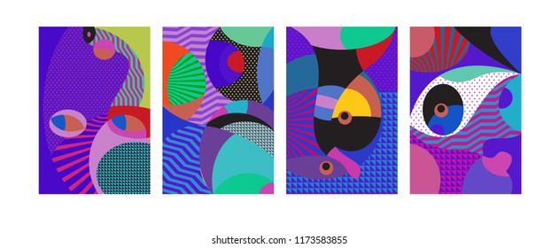 Vector Abstract Colorful Geometric and Curvy pattern background illustration. Set of Abstract Tribal Ethnic background for Cover, Poster, and print in Eps 10.