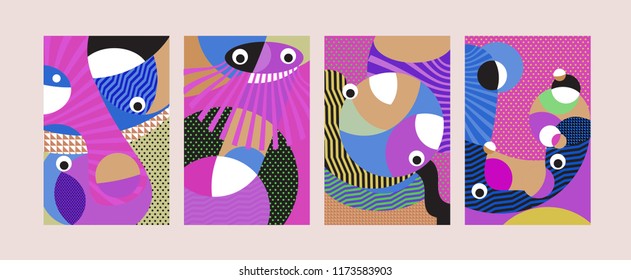 Vector Abstract Colorful Geometric and Curvy pattern background illustration. Set of Abstract Tribal Ethnic background for Cover, Poster, and print in Eps 10.