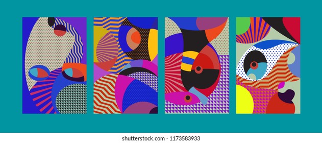 Vector Abstract Colorful Geometric and Curvy pattern background illustration. Set of Abstract Tribal Ethnic background for Cover, Poster, and print in Eps 10.