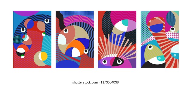 Vector Abstract Colorful Geometric and Curvy pattern background illustration. Set of Abstract Tribal Ethnic background for Cover, Poster, and print in Eps 10.