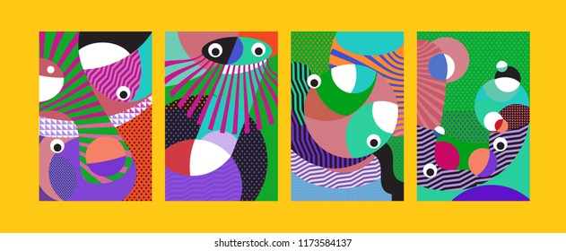 Vector Abstract Colorful Geometric and Curvy pattern background illustration. Set of Abstract Tribal Ethnic background for Cover, Poster, and print in Eps 10.